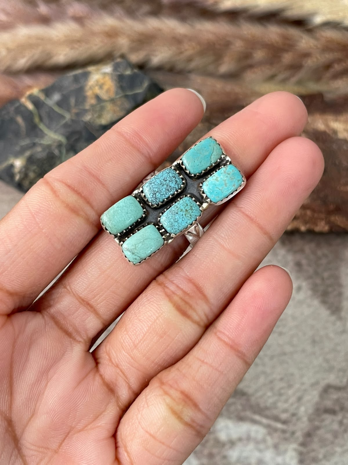Handmade Sterling Silver Number 8 Turquoise Collection: Bar Adjustable Ring Signed Nizhoni