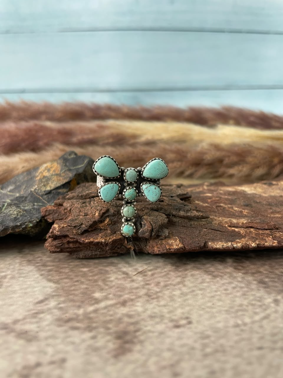Handmade Sterling Silver Number 8 Turquoise Collection: Butterfly Adjustable Ring Signed Nizhoni