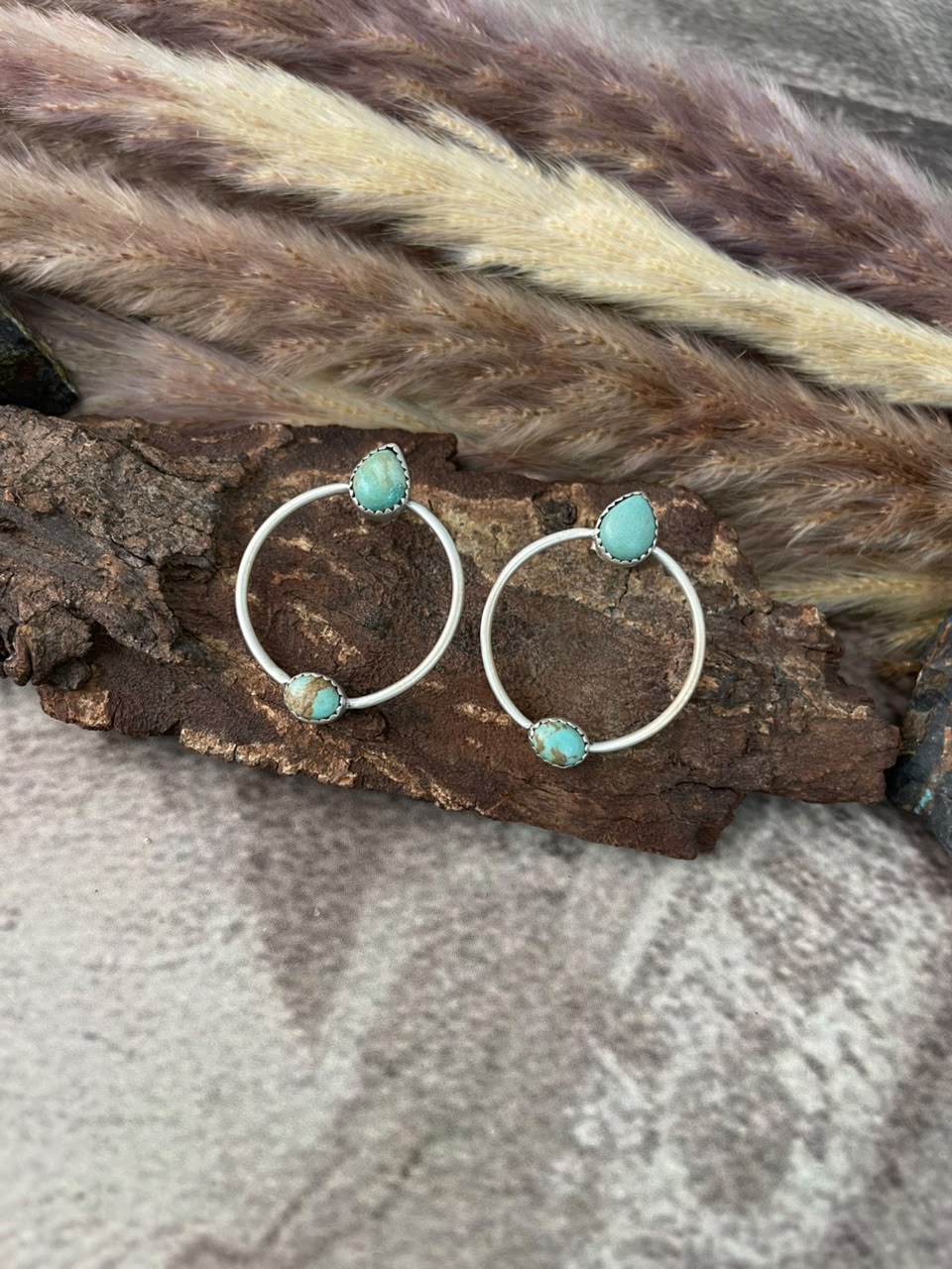 Handmade Sterling Silver Number 8 Turquoise Collection: Post Hoops Earrings Signed Nizhoni
