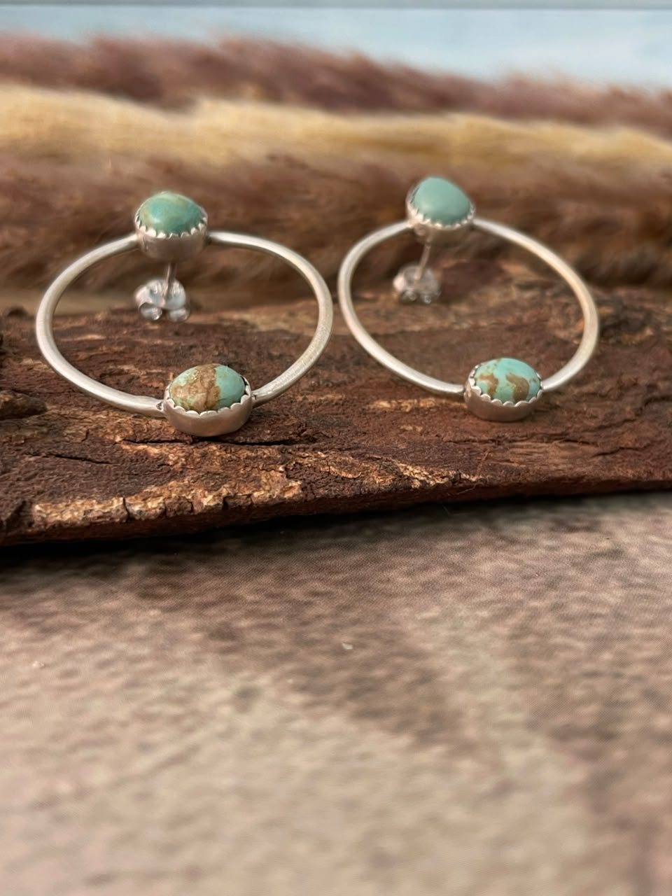 Handmade Sterling Silver Number 8 Turquoise Collection: Post Hoops Earrings Signed Nizhoni