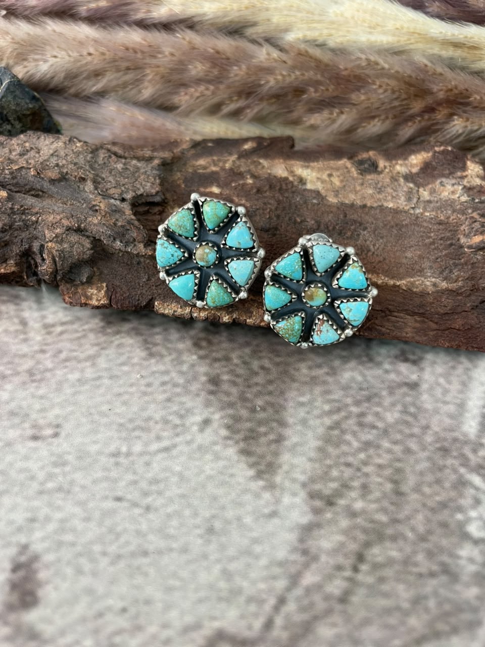 Handmade Sterling Silver Number 8 Turquoise Collection: Post Studs Earrings Signed Nizhoni