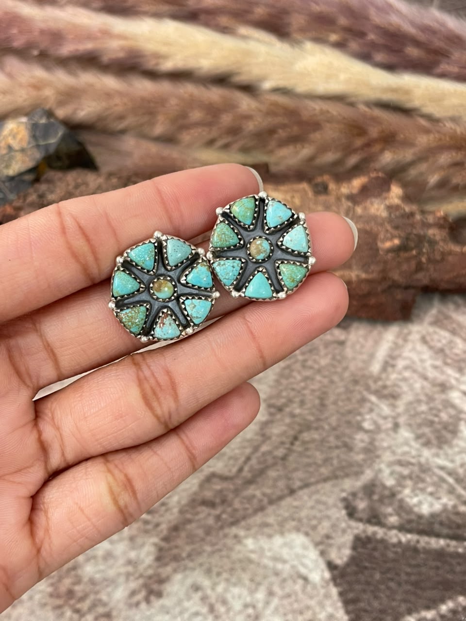 Handmade Sterling Silver Number 8 Turquoise Collection: Post Studs Earrings Signed Nizhoni