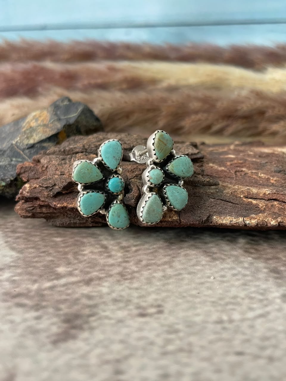 Handmade Sterling Silver Number 8 Turquoise Collection: Post Studs Earrings Signed Nizhoni