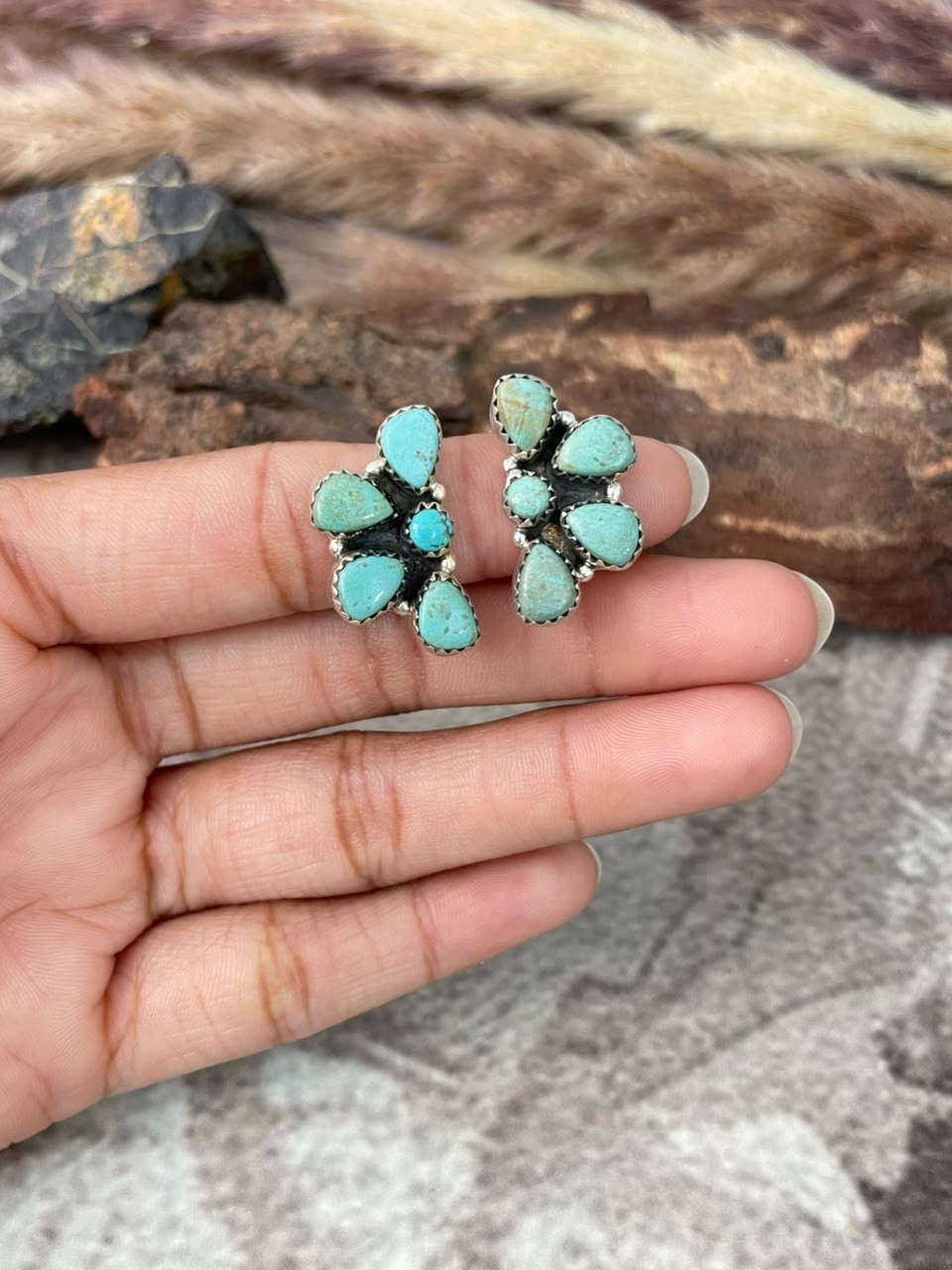 Handmade Sterling Silver Number 8 Turquoise Collection: Post Studs Earrings Signed Nizhoni