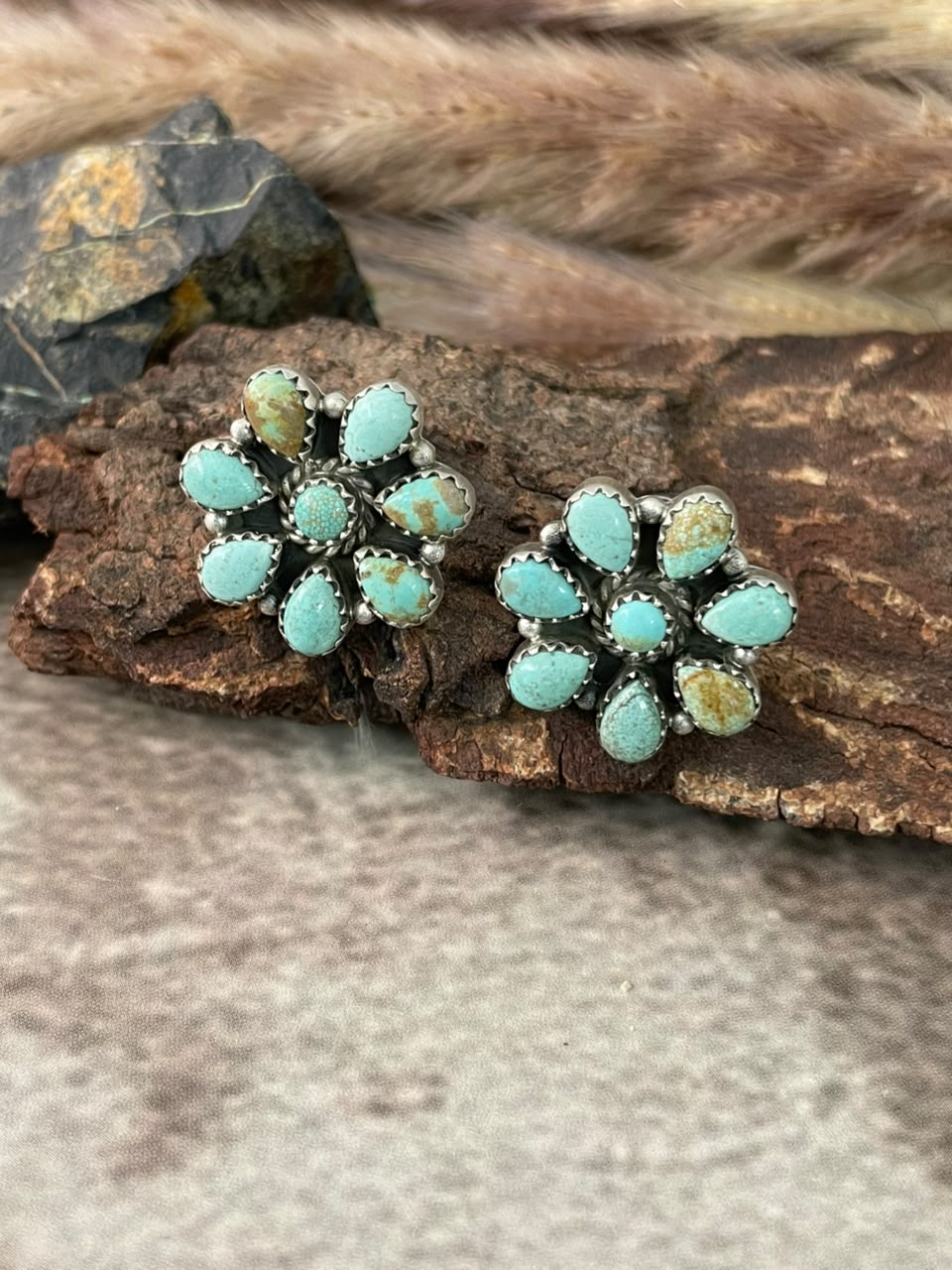 Handmade Sterling Silver Number 8 Turquoise Collection: Post Studs Earrings Signed Nizhoni