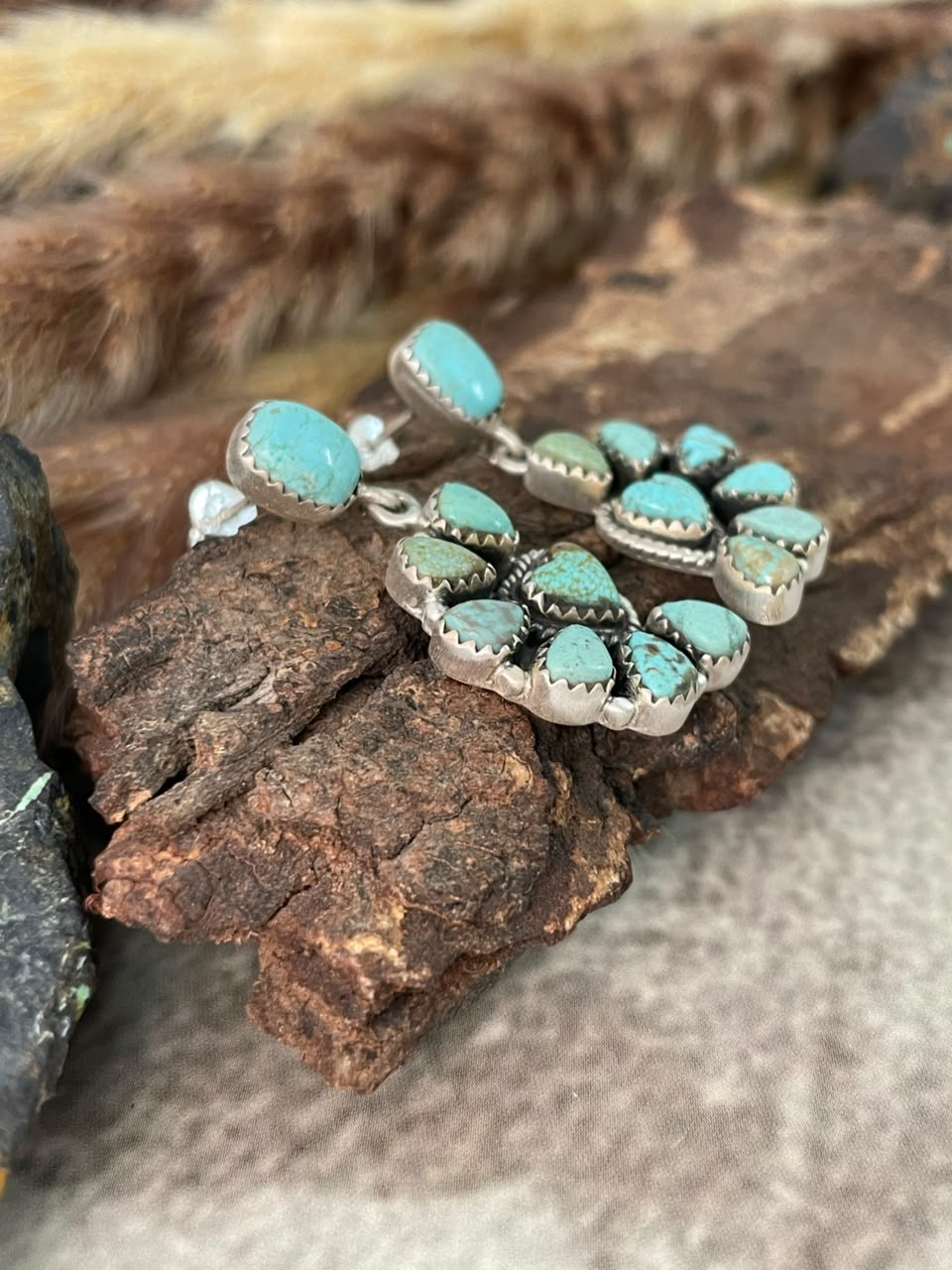 Handmade Sterling Silver Number 8 Turquoise Collection: Post Dangle Earrings Signed Nizhoni