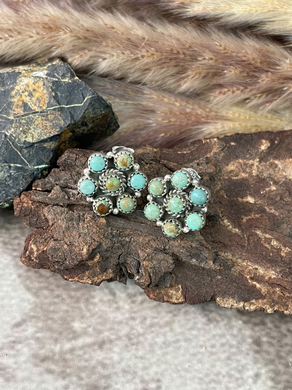 Handmade Sterling Silver Number 8 Turquoise Collection: Post Studs Earrings Signed Nizhoni