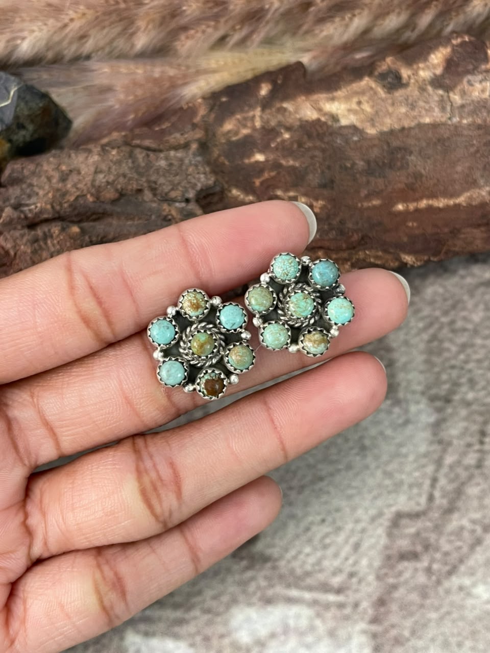 Handmade Sterling Silver Number 8 Turquoise Collection: Post Studs Earrings Signed Nizhoni