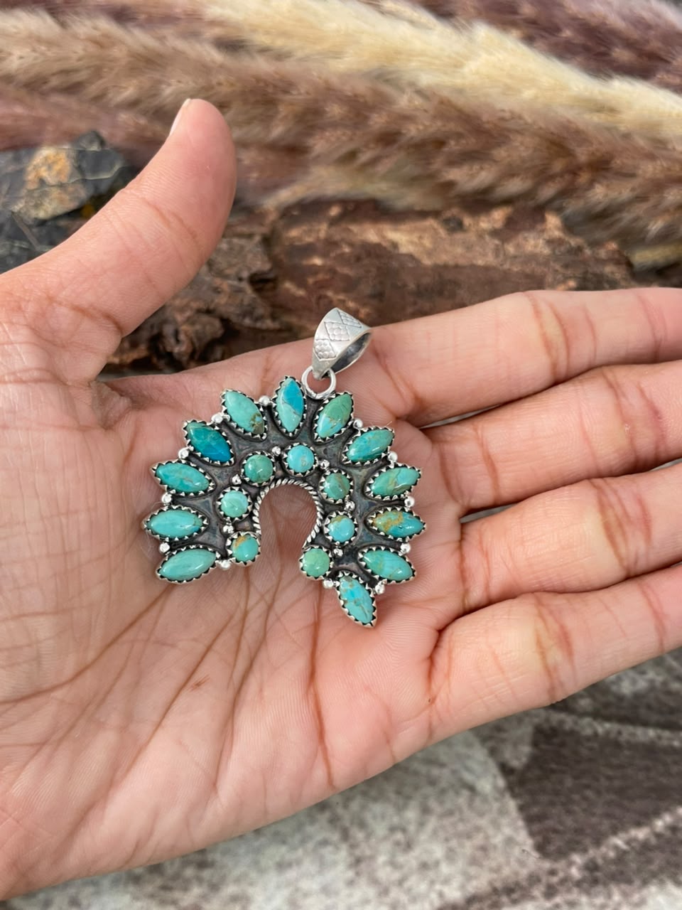 Handmade Sterling Silver Kingman Turquoise Naja Pendant Signed Nizhoni