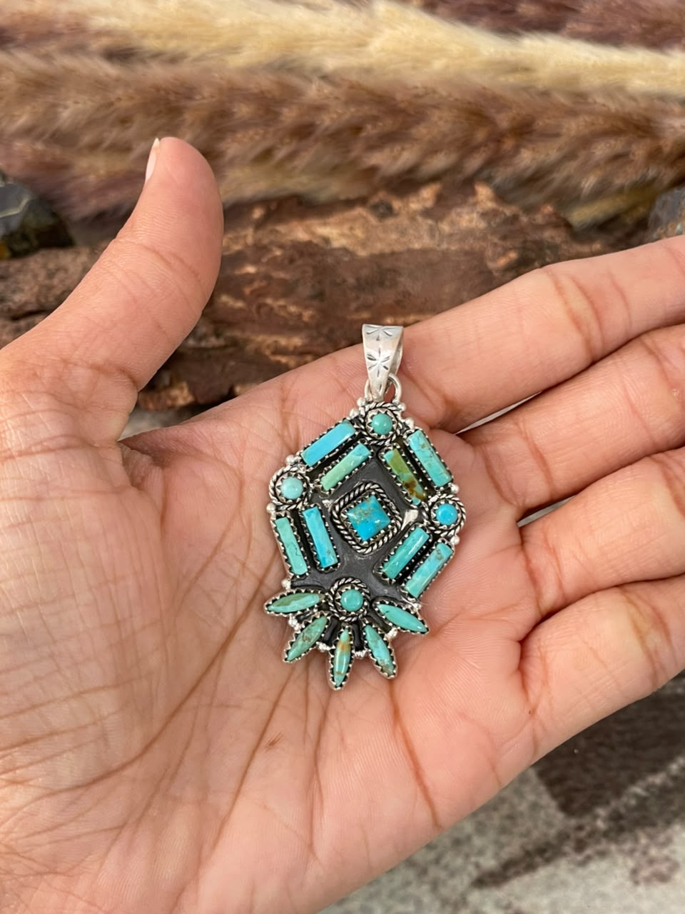 Handmade Sterling Silver Kingman Turquoise Pendant Signed Nizhoni