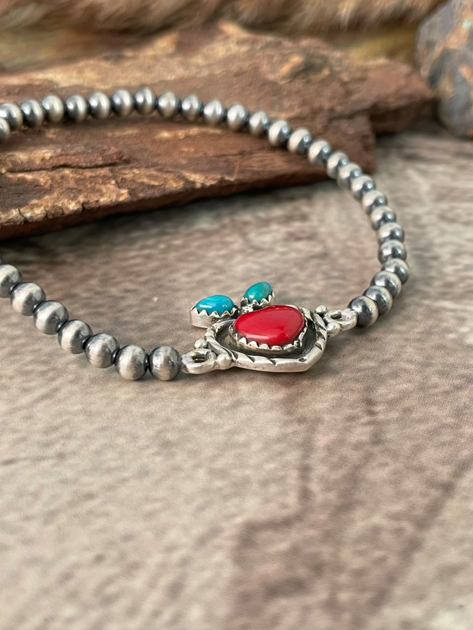 Handmade Sterling Silver Rosarita with Kingman Turquoise Cherry Stretchy Beaded Bracelet Signed Nizhoni