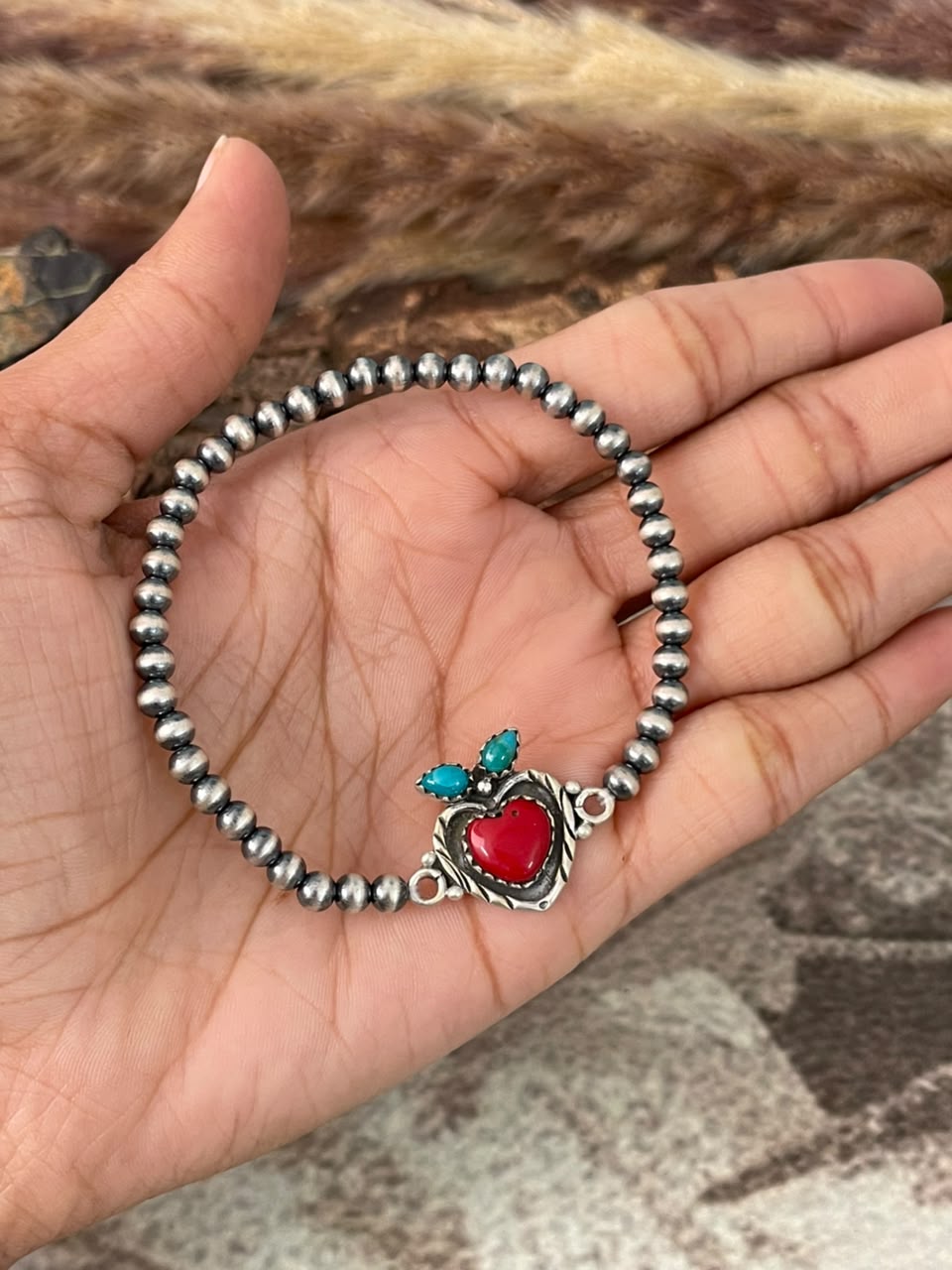Handmade Sterling Silver Rosarita with Kingman Turquoise Cherry Stretchy Beaded Bracelet Signed Nizhoni