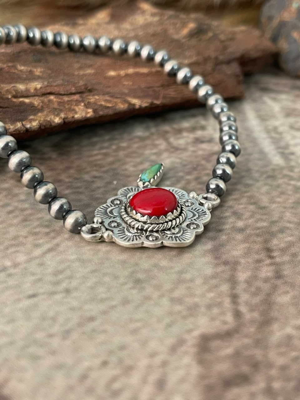 Handmade Sterling Silver Rosarita with Kingman Turquoise Cherry Stretchy Beaded Bracelet Signed Nizhoni