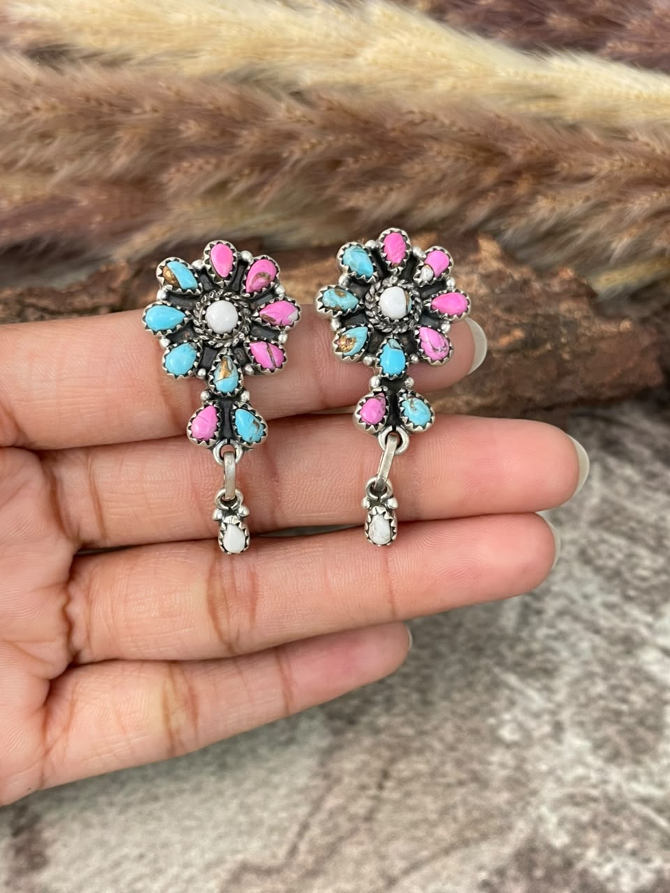 Handmade Sterling Silver Cotton Candy Post Dangle Earrings Signed Nizhoni