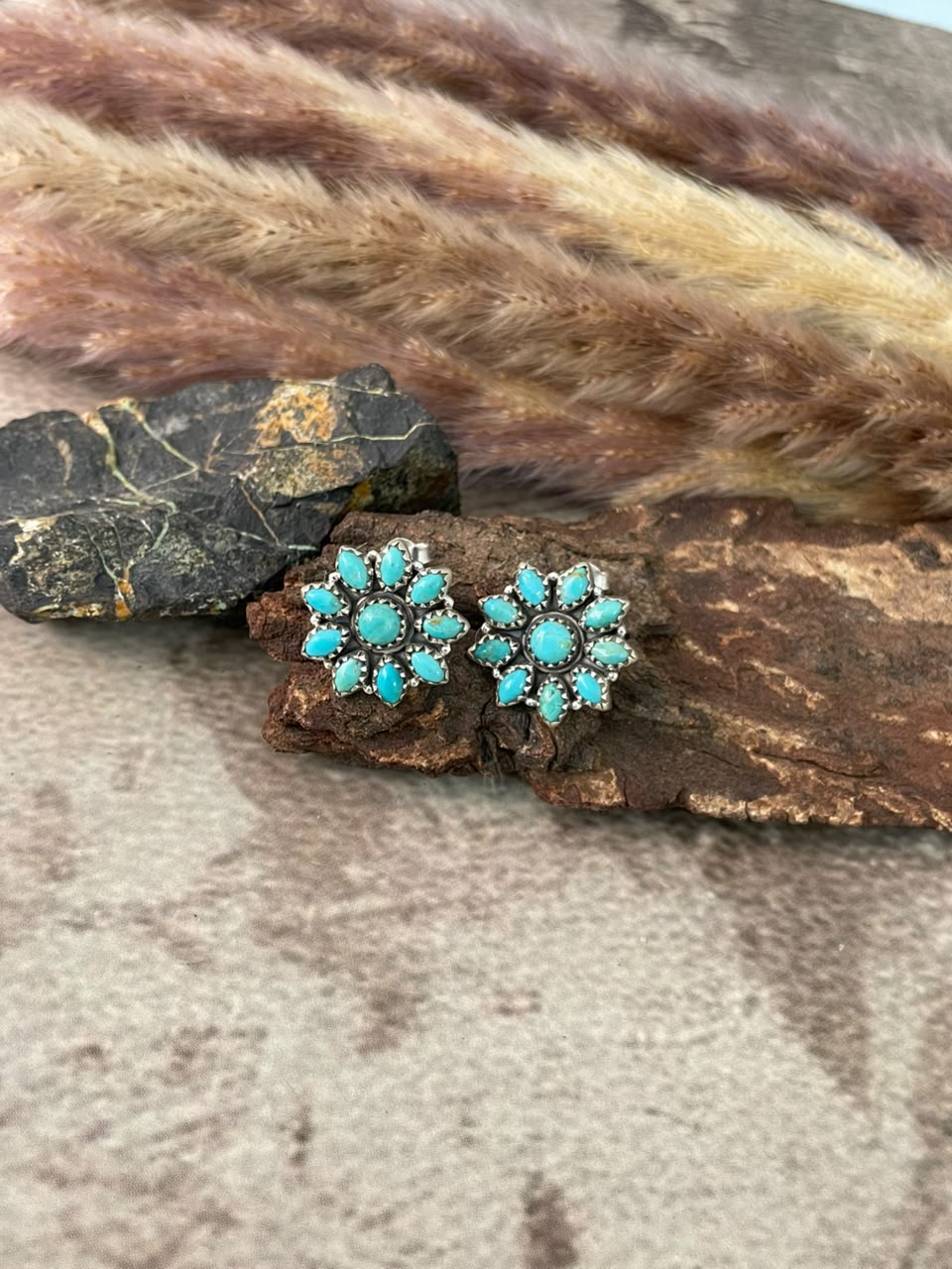 Handmade Sterling Silver Kingman Turquoise Post Studs Earrings Signed Nizhoni