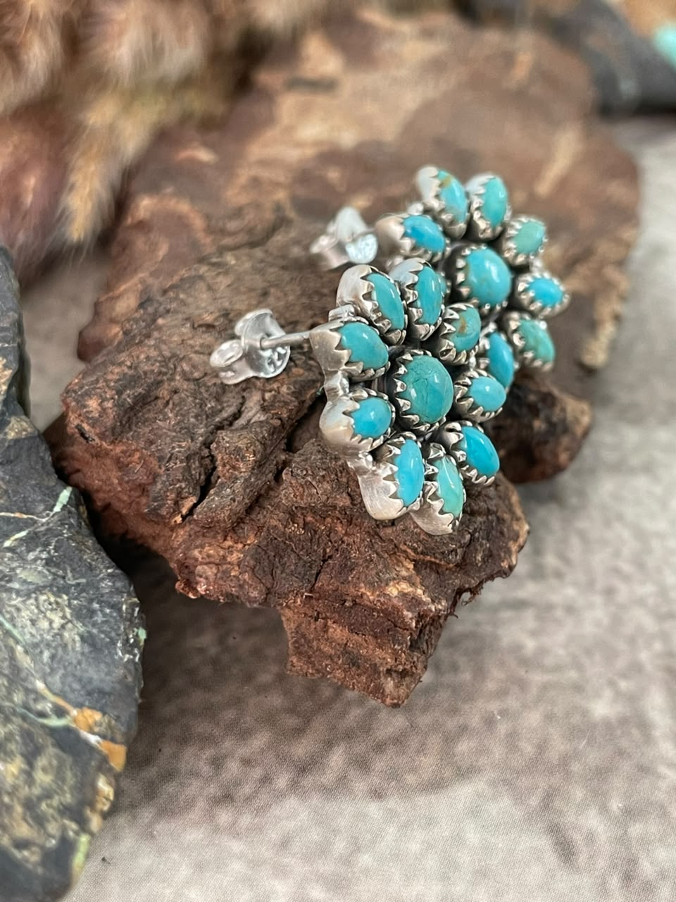 Handmade Sterling Silver Kingman Turquoise Post Studs Earrings Signed Nizhoni