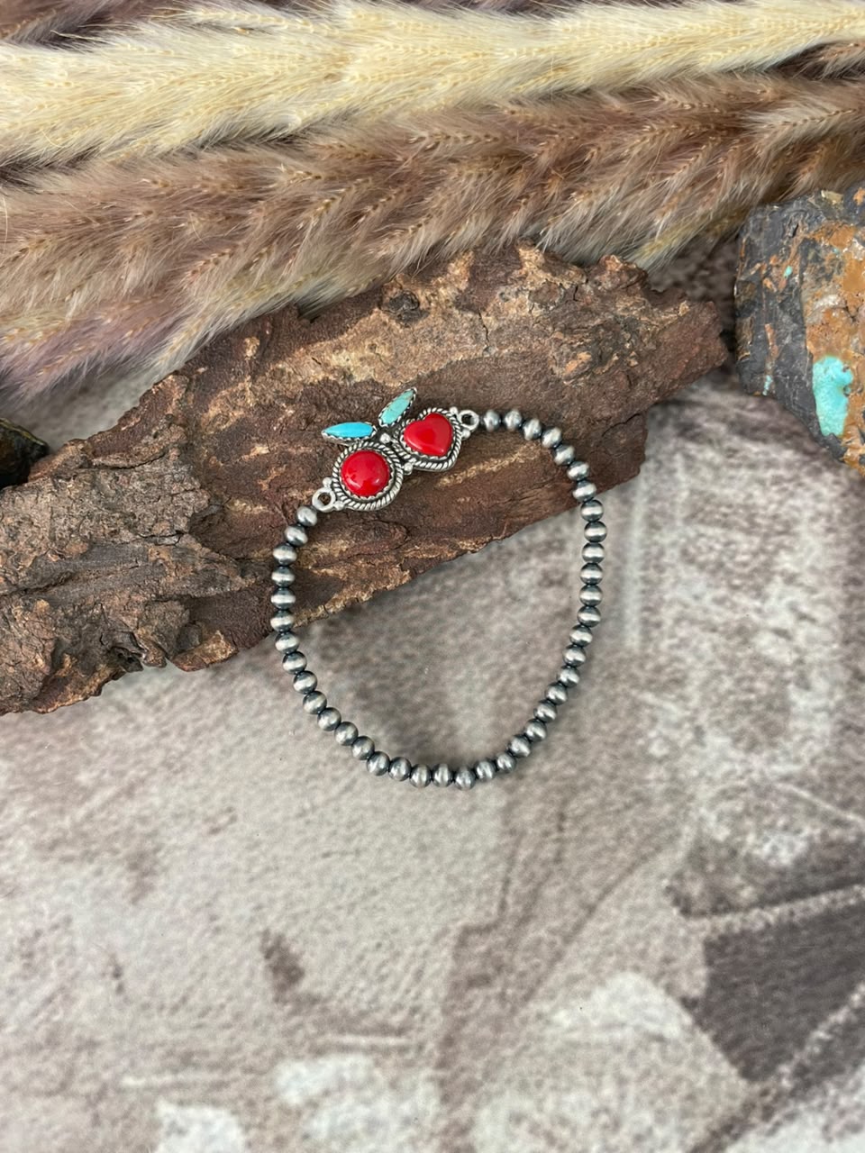 Handmade Sterling Silver Rosarita with Kingman Turquoise Cherry Stretchy Beaded Bracelet Signed Nizhoni