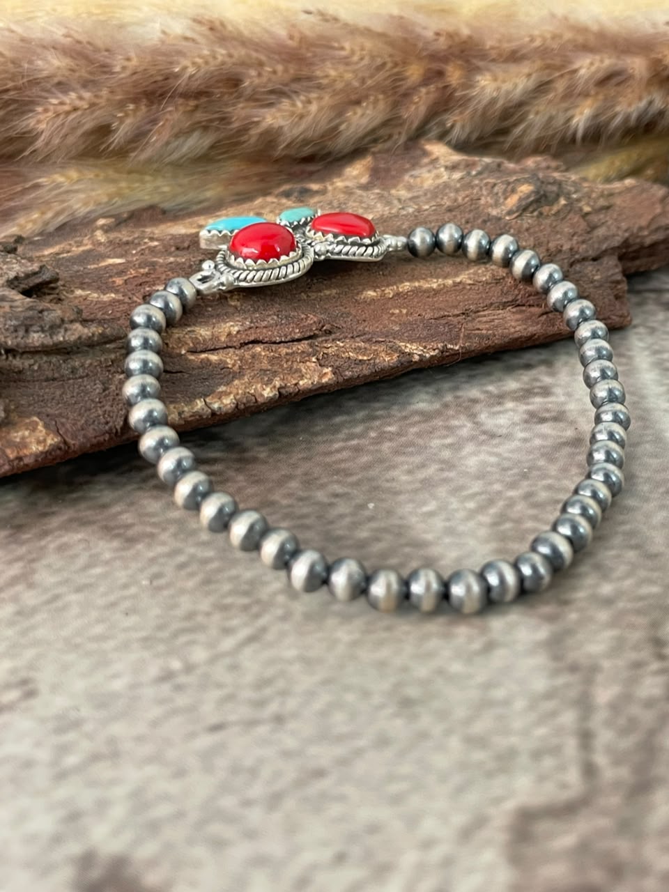 Handmade Sterling Silver Rosarita with Kingman Turquoise Cherry Stretchy Beaded Bracelet Signed Nizhoni