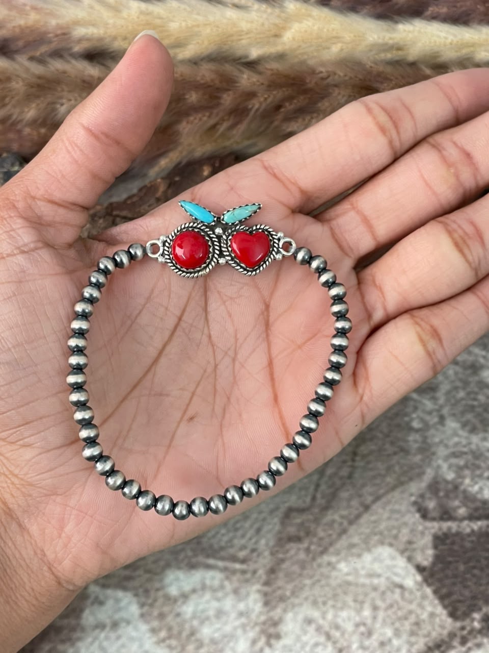 Handmade Sterling Silver Rosarita with Kingman Turquoise Cherry Stretchy Beaded Bracelet Signed Nizhoni