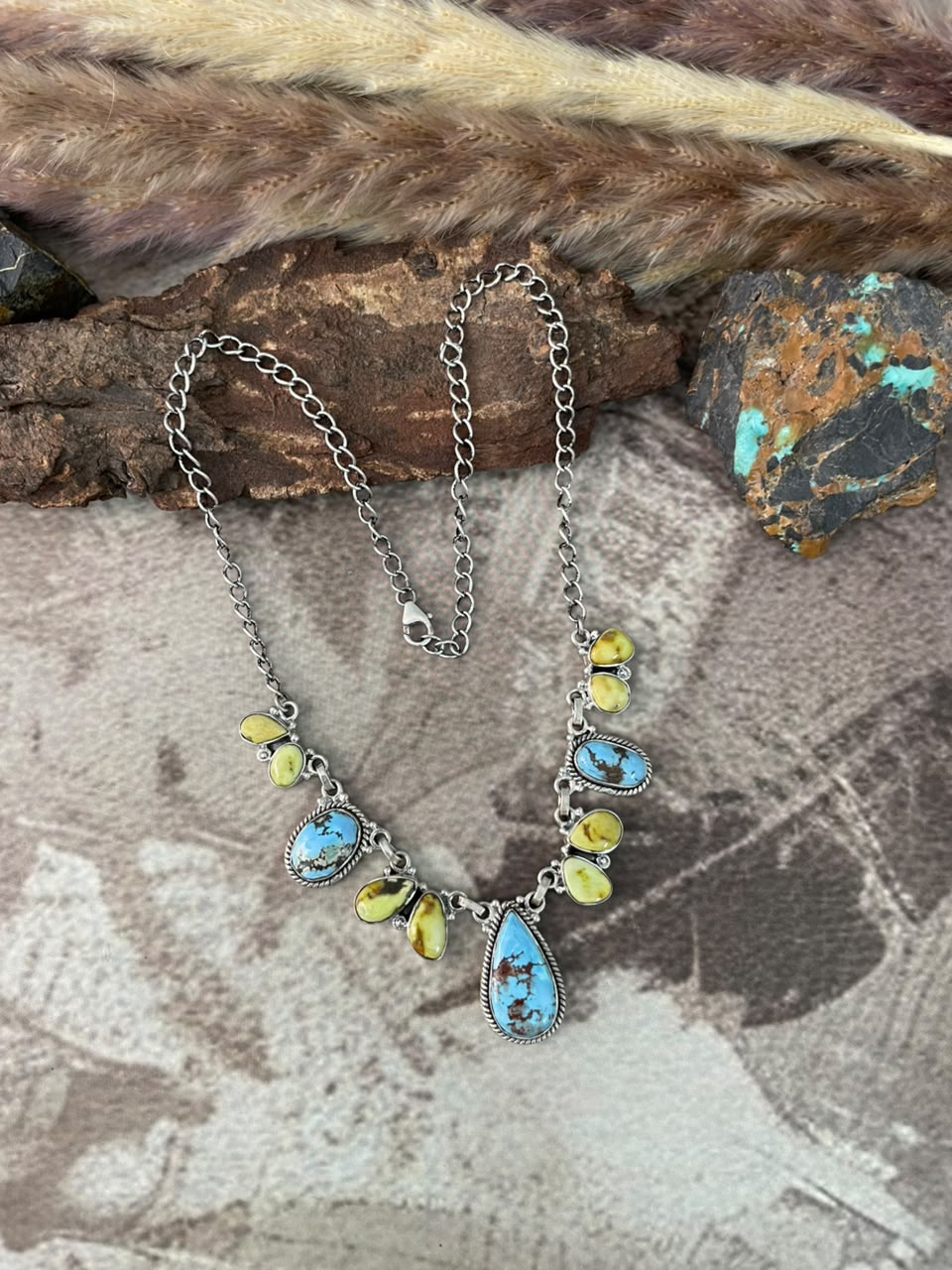 Handmade Sterling Silver Palomino with Golden Hills Turquoise Necklace Signed Nizhoni