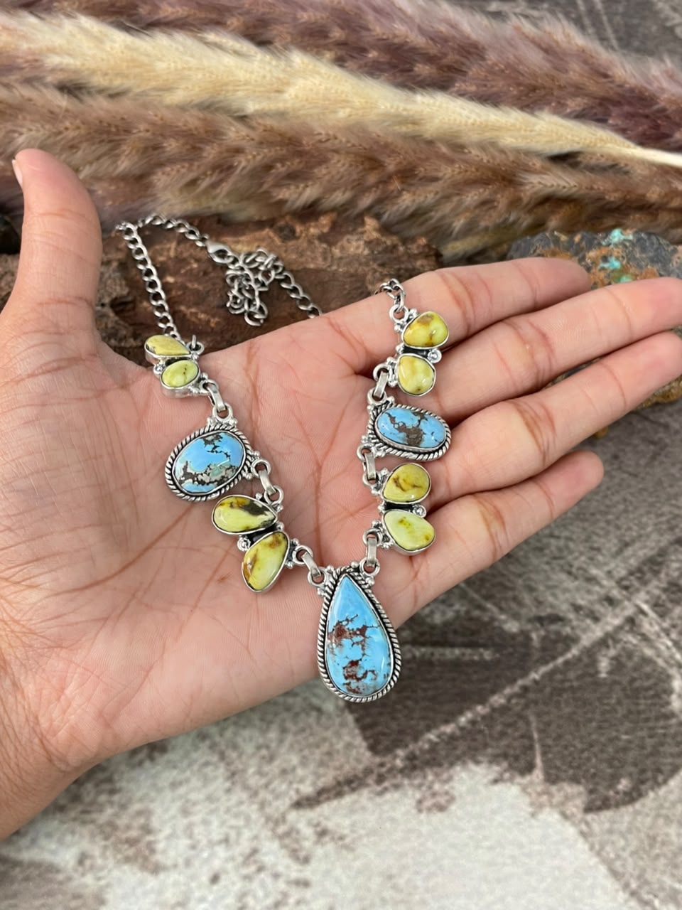 Handmade Sterling Silver Palomino with Golden Hills Turquoise Necklace Signed Nizhoni