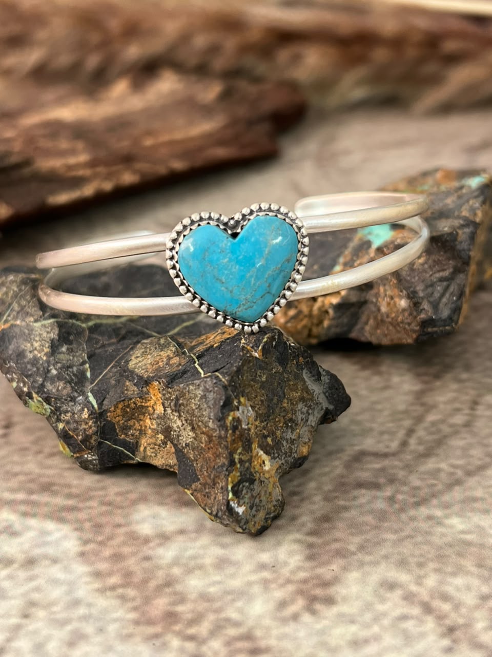 Handmade Sterling Silver Blue Kingman Turquoise Heart Cuff Bracelet Signed Nizhoni