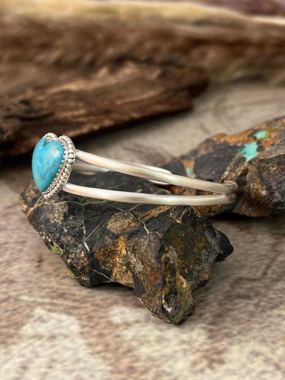 Handmade Sterling Silver Blue Kingman Turquoise Heart Cuff Bracelet Signed Nizhoni