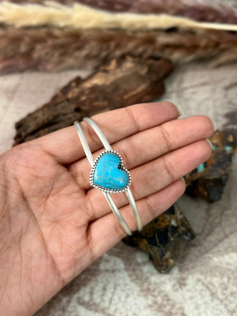 Handmade Sterling Silver Blue Kingman Turquoise Heart Cuff Bracelet Signed Nizhoni