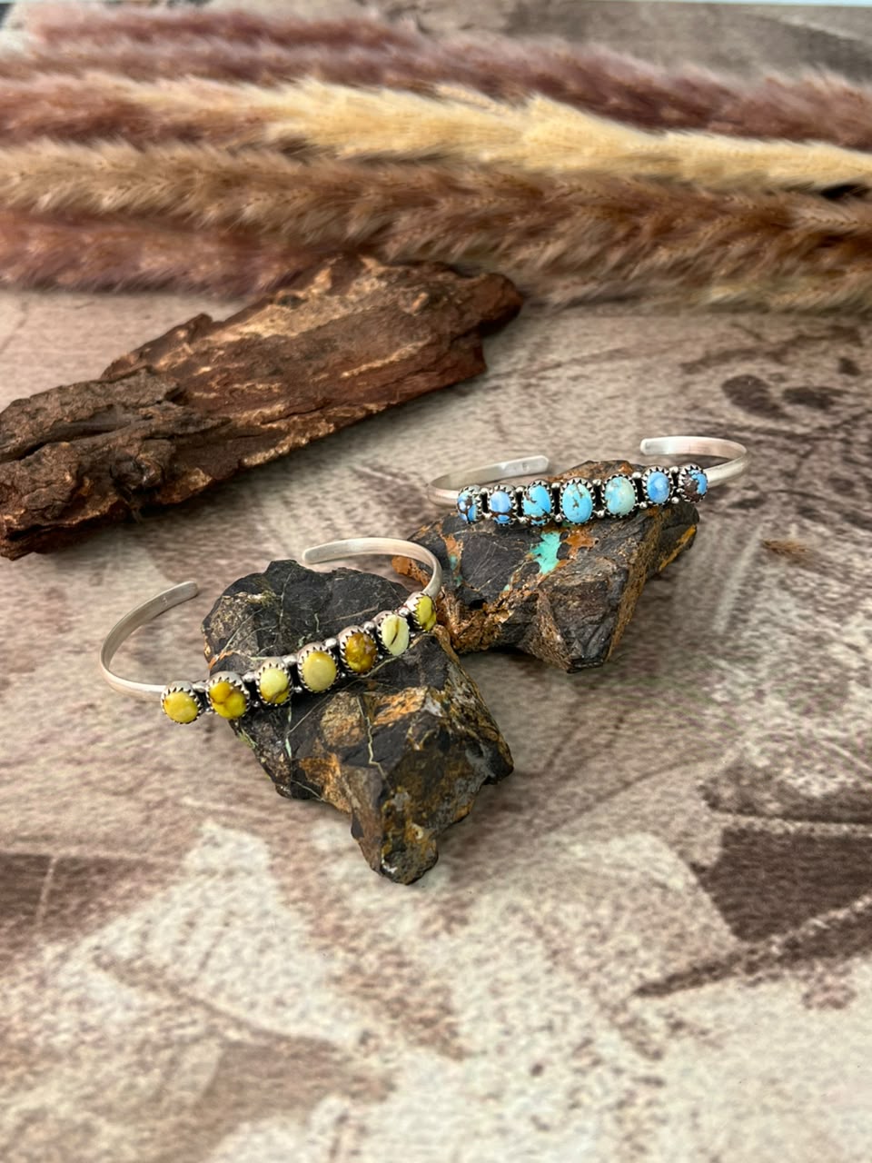 Handmade Sterling Silver Palomino and Golden Hills Turquoise Cuff Bracelet Signed Nizhoni
