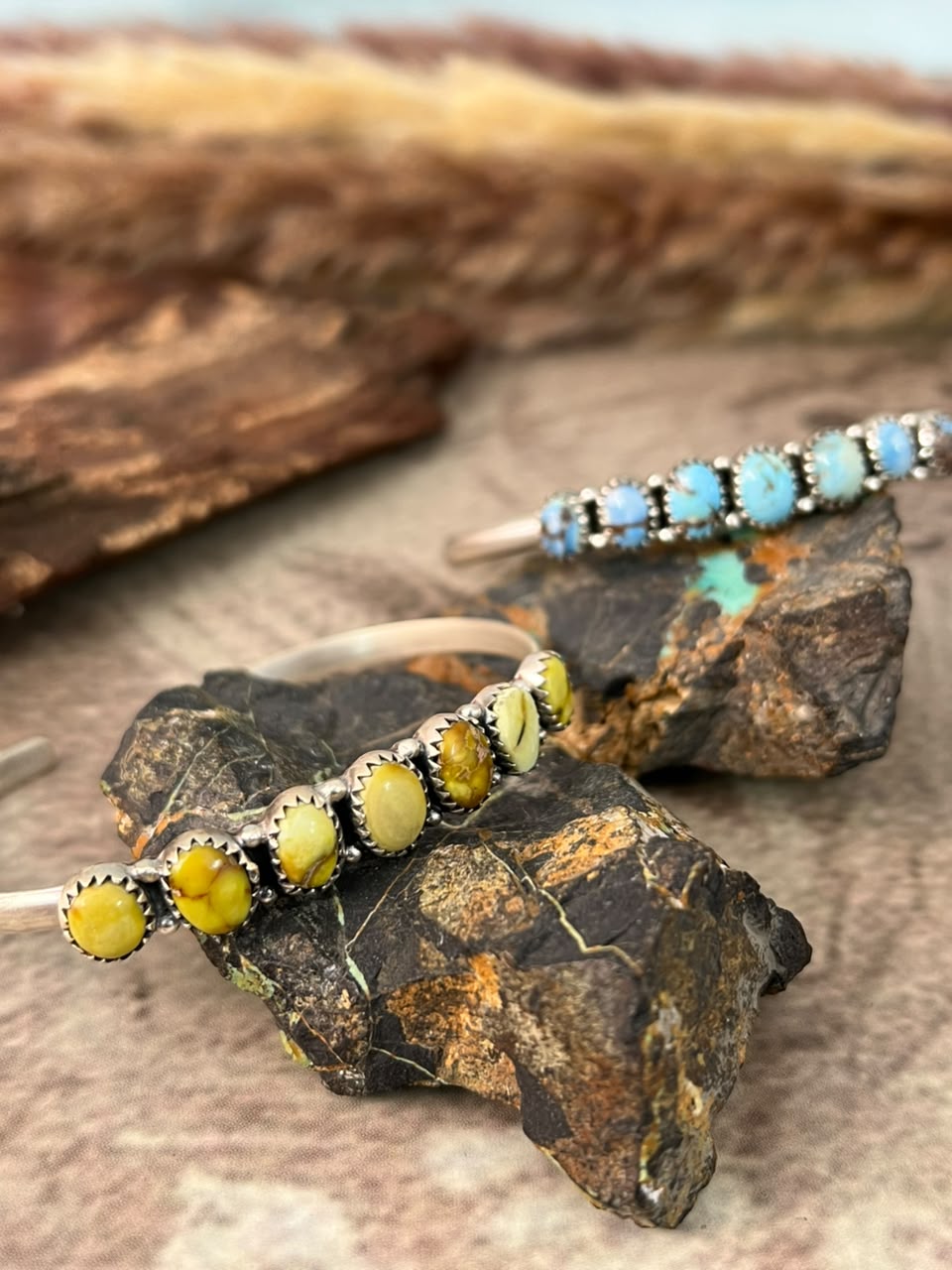 Handmade Sterling Silver Palomino and Golden Hills Turquoise Cuff Bracelet Signed Nizhoni