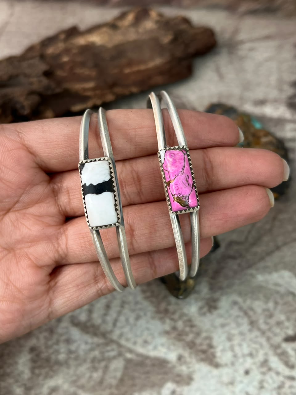Handmade Sterling Silver Cotton Candy and White Buffalo Cuff Bracelet Signed Nizhoni