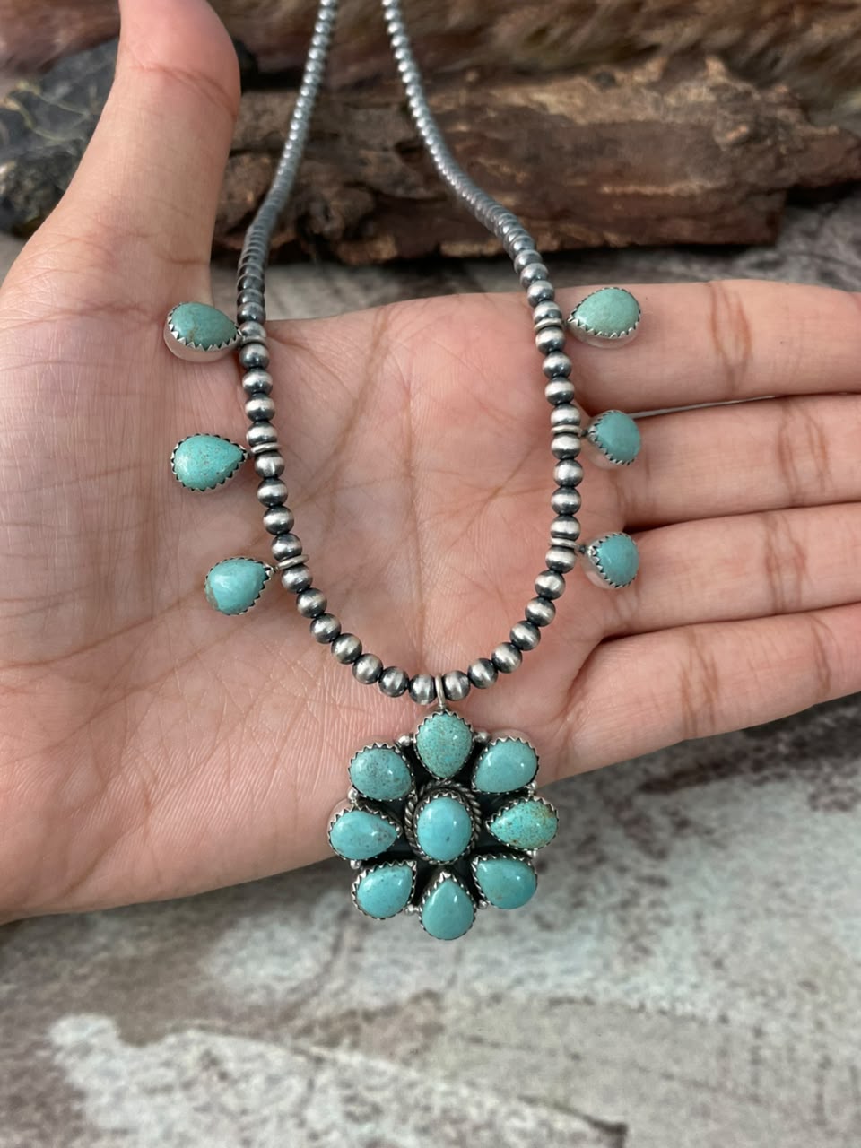Handmade Sterling Silver Number 8 Turquoise Collection: Beaded Necklace Signed Nizhoni