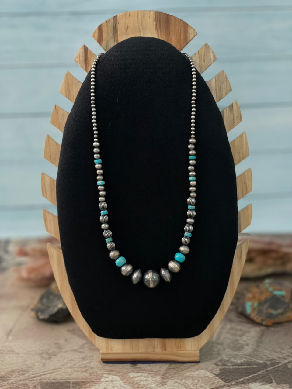 Handmade Sterling Silver Kingman Turquoise Beaded Necklace Signed Nizhoni