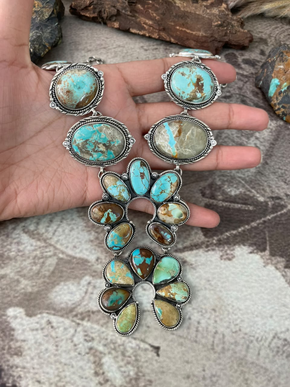 Handmade Sterling Silver Royston Turquoise Naja Necklace Signed Nizhoni (4)