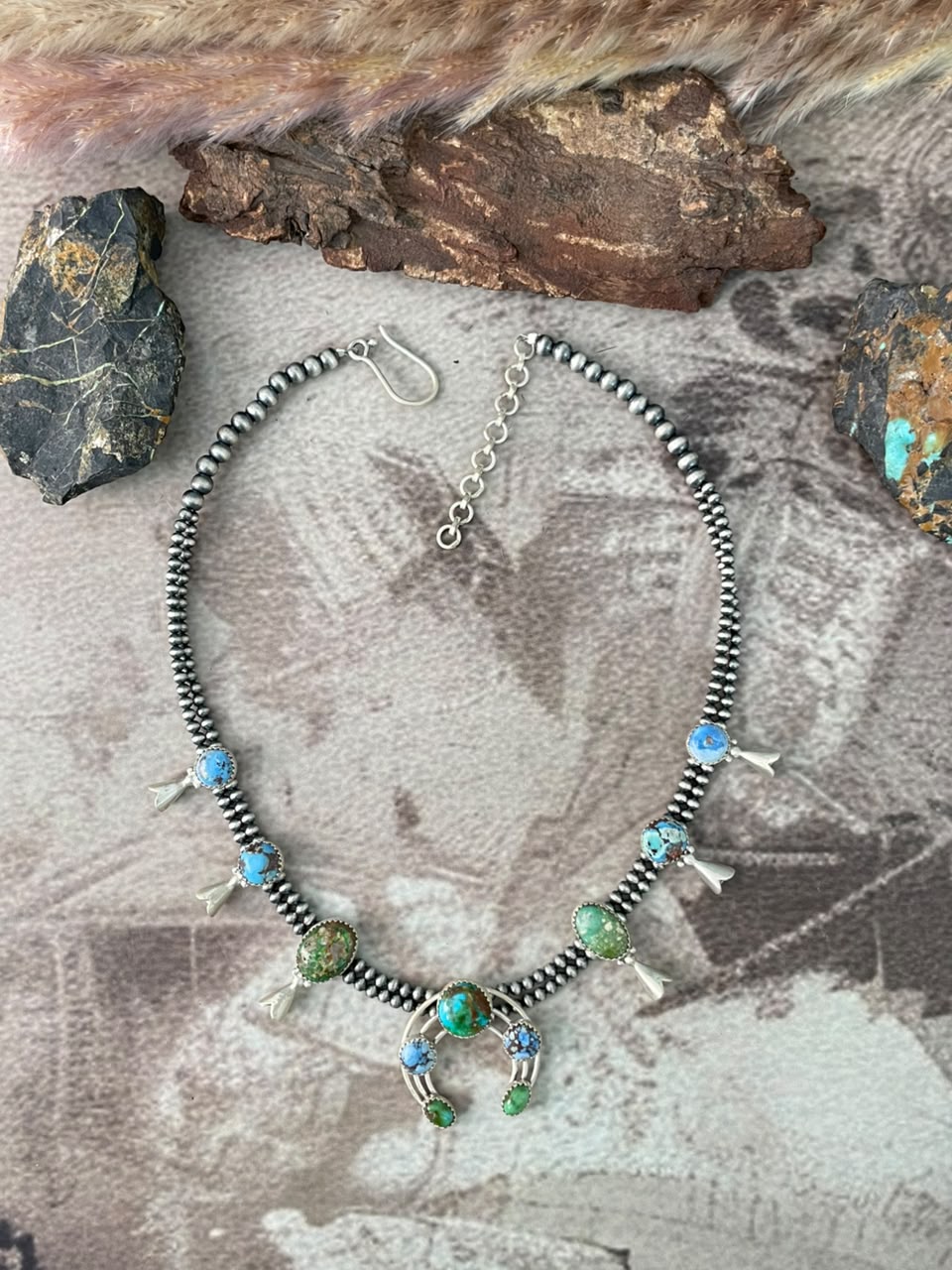 Handmade Sterling Silver Golden Hills with Sonoran Mountain Turquoise Beaded Squash Blossom Naja Necklace Signed Nizhoni