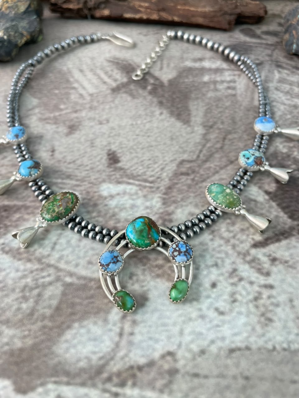 Handmade Sterling Silver Golden Hills with Sonoran Mountain Turquoise Beaded Squash Blossom Naja Necklace Signed Nizhoni