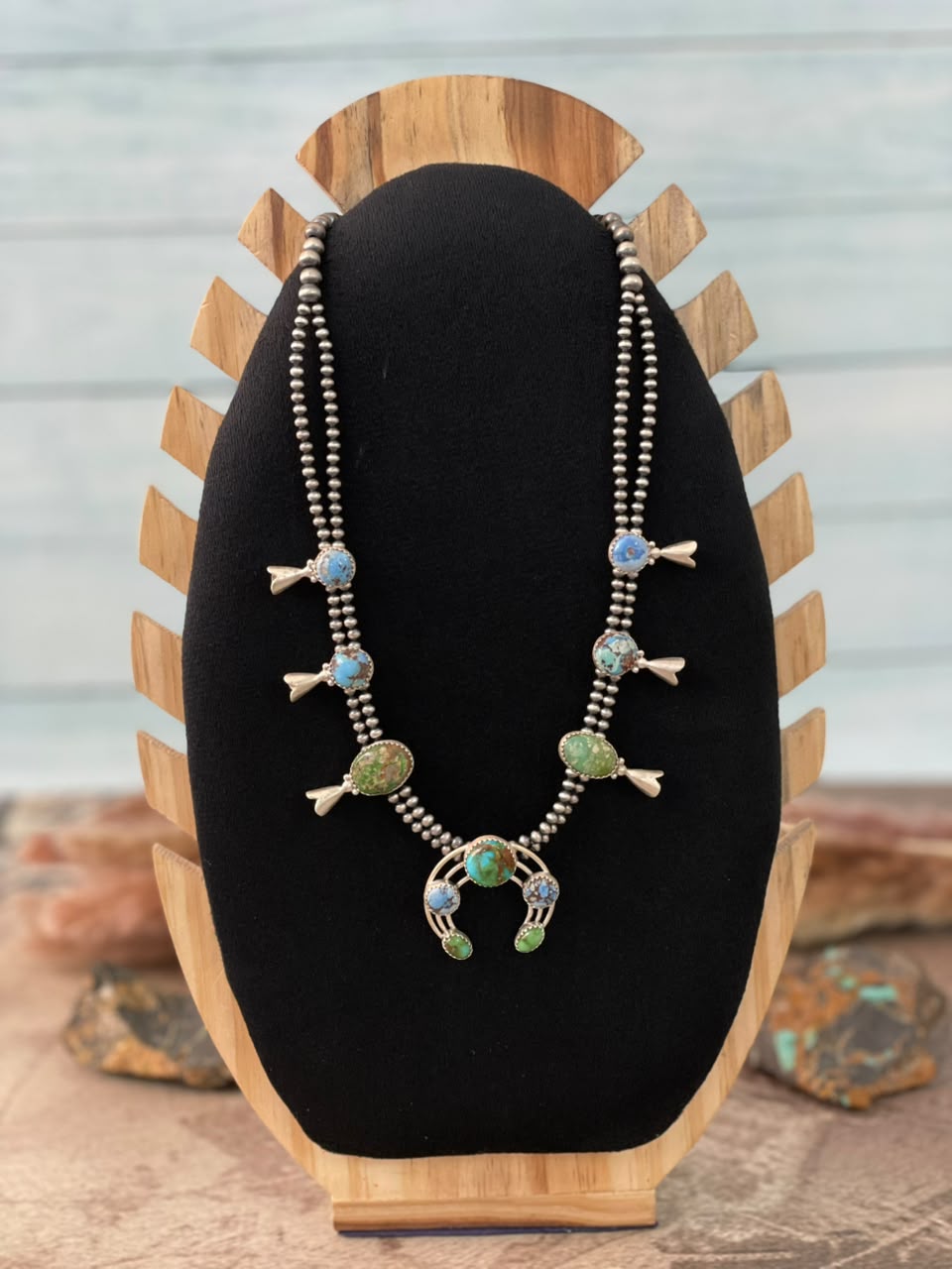 Handmade Sterling Silver Golden Hills with Sonoran Mountain Turquoise Beaded Squash Blossom Naja Necklace Signed Nizhoni
