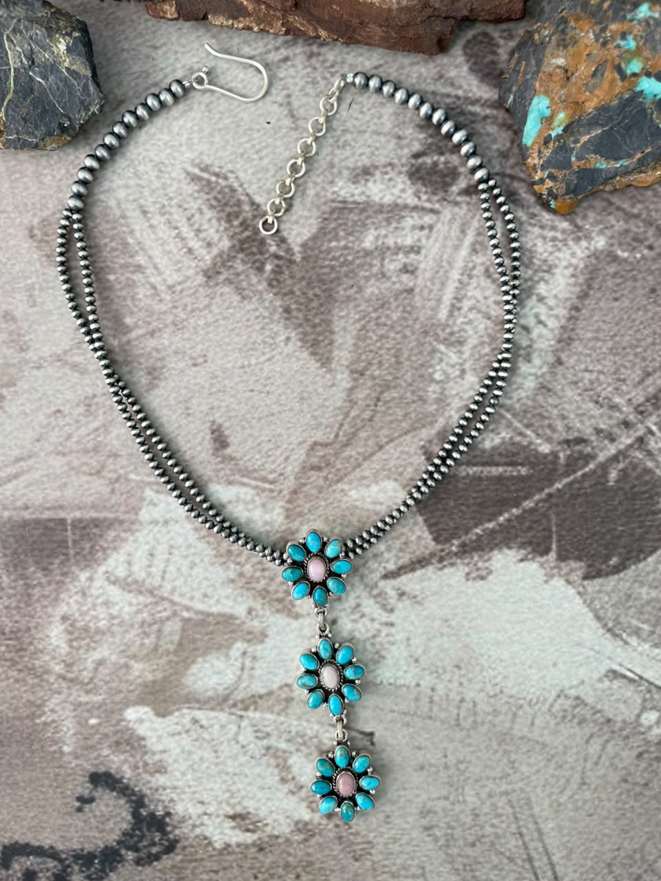Handmade Sterling Silver Kingman Turquoise with Pink Opal Beaded Necklace Signed Nizhoni