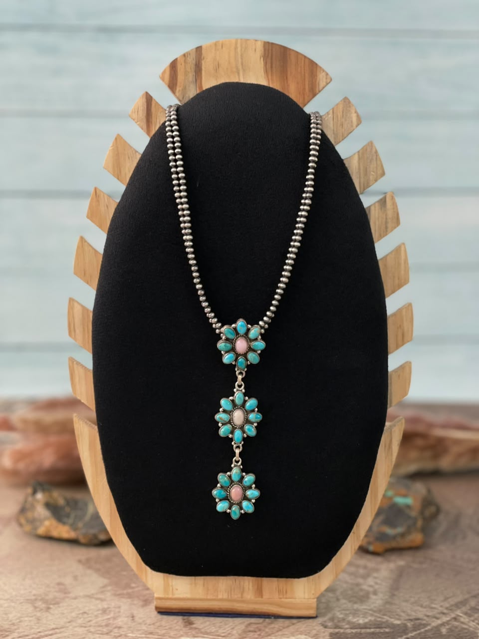 Handmade Sterling Silver Kingman Turquoise with Pink Opal Beaded Necklace Signed Nizhoni