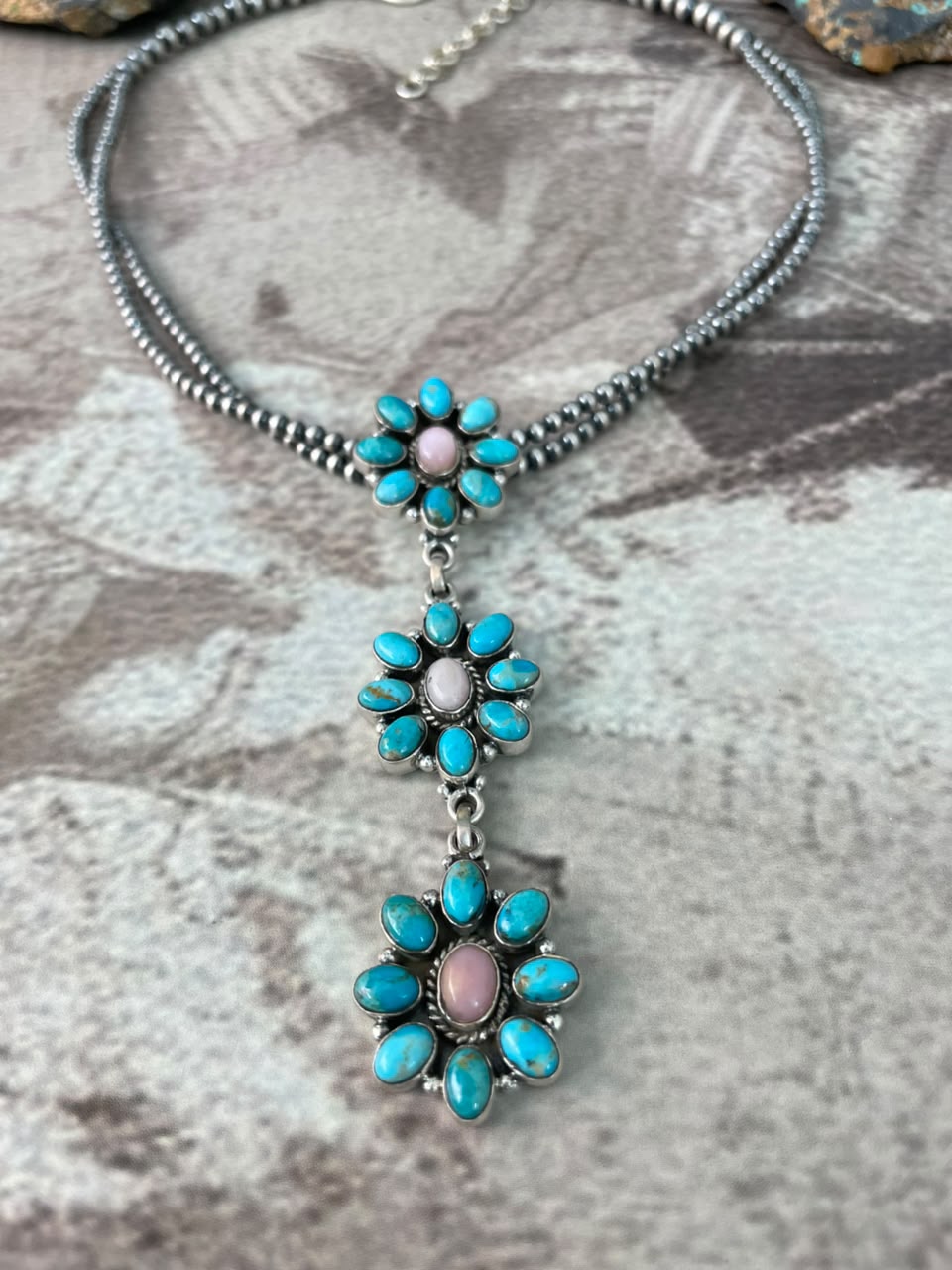 Handmade Sterling Silver Kingman Turquoise with Pink Opal Beaded Necklace Signed Nizhoni