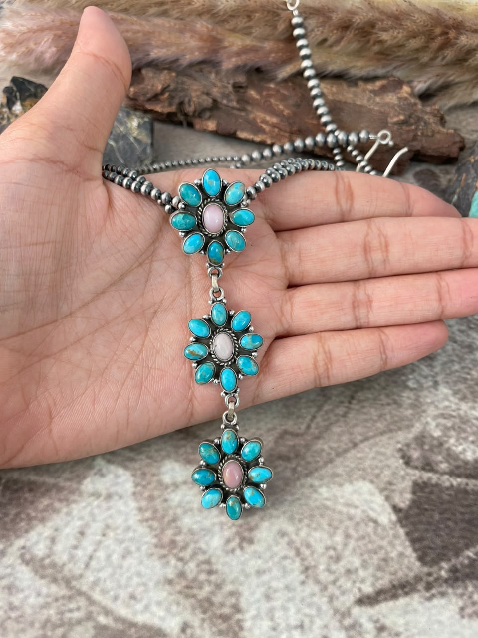Handmade Sterling Silver Kingman Turquoise with Pink Opal Beaded Necklace Signed Nizhoni