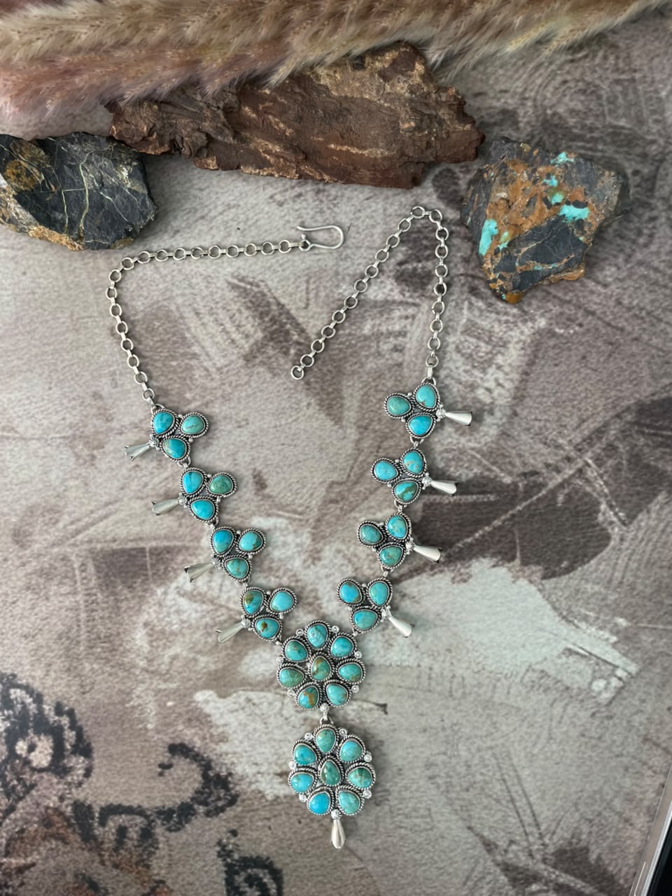 Handmade Sterling Silver Kingman Turquoise Squash Blossom Necklace Signed Nizhoni
