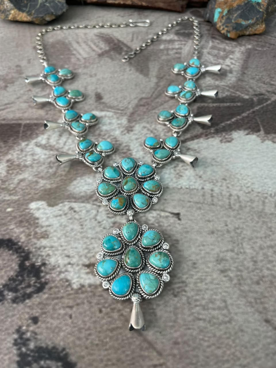 Handmade Sterling Silver Kingman Turquoise Squash Blossom Necklace Signed Nizhoni