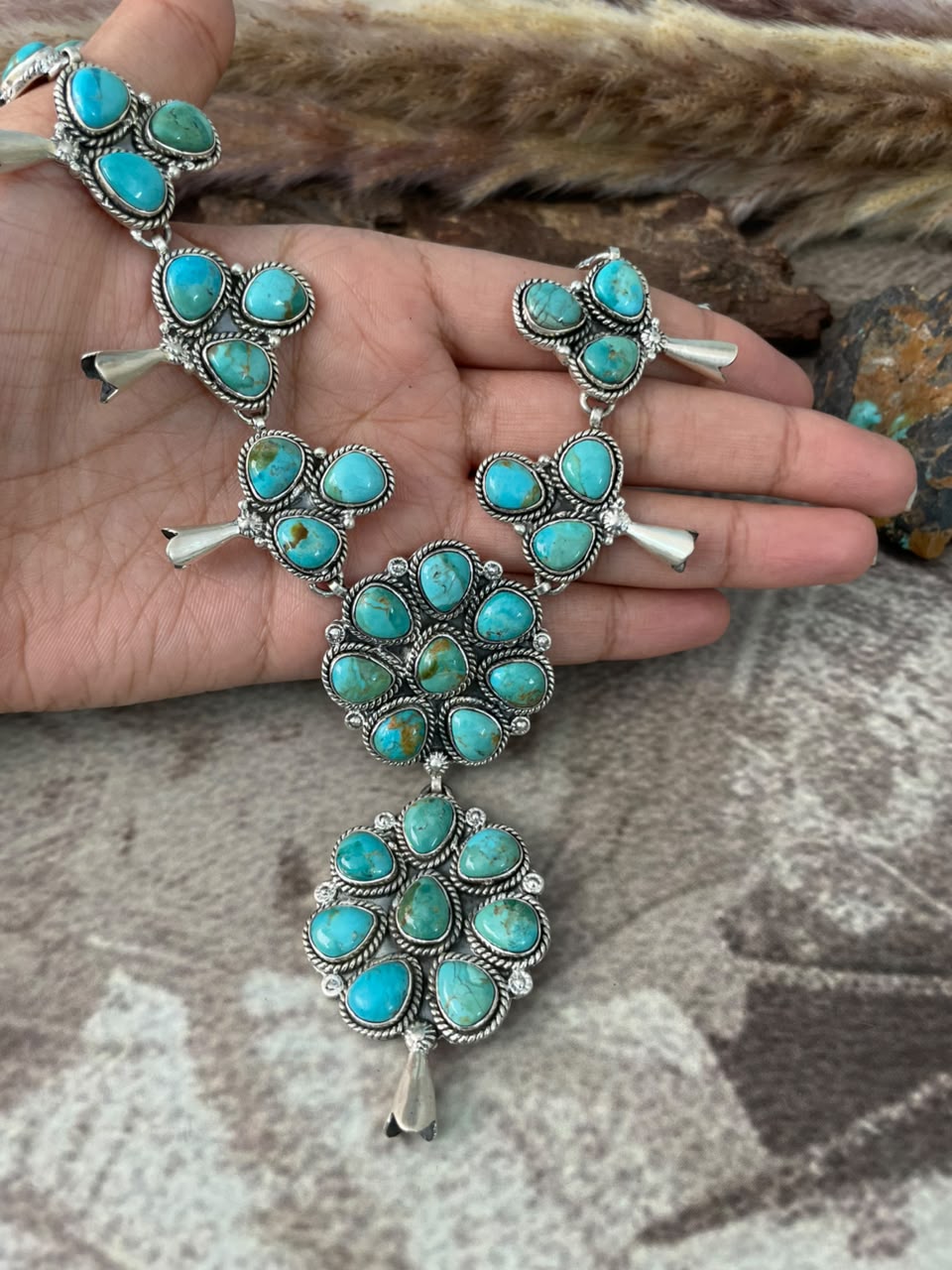 Handmade Sterling Silver Kingman Turquoise Squash Blossom Necklace Signed Nizhoni