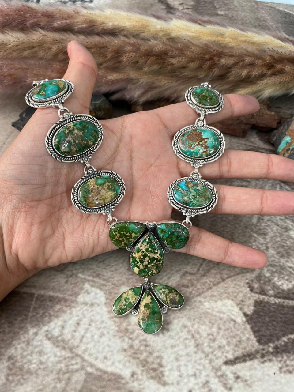 Handmade Sterling Silver Sonoran Mountain Turquoise Necklace Signed Nizhoni
