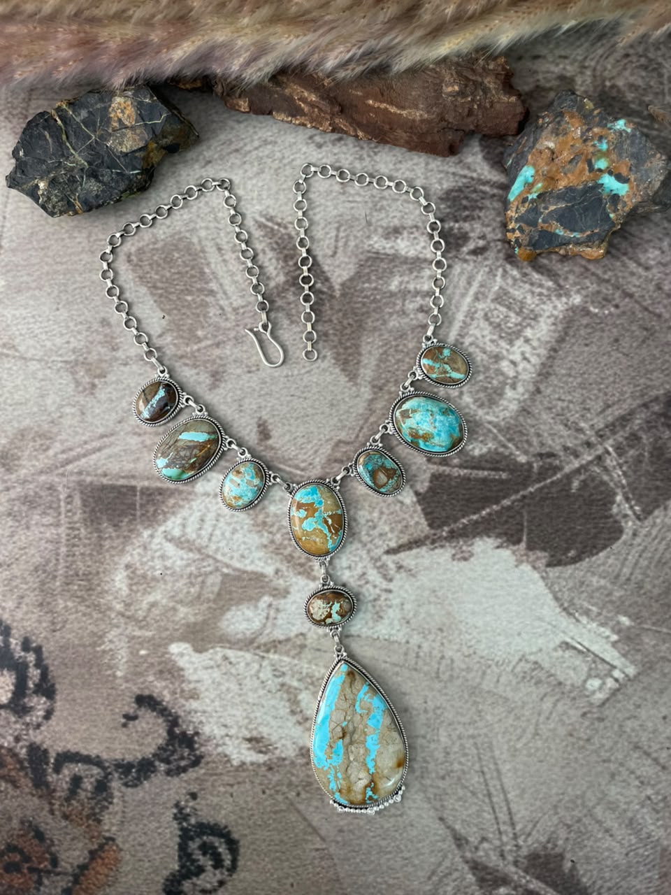 Handmade Sterling Silver Ribbon Royston Turquoise Drop Necklace Signed Nizhoni
