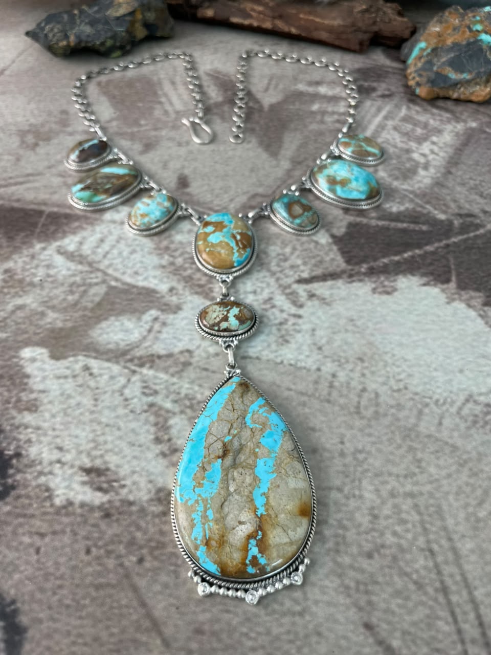 Handmade Sterling Silver Ribbon Royston Turquoise Drop Necklace Signed Nizhoni