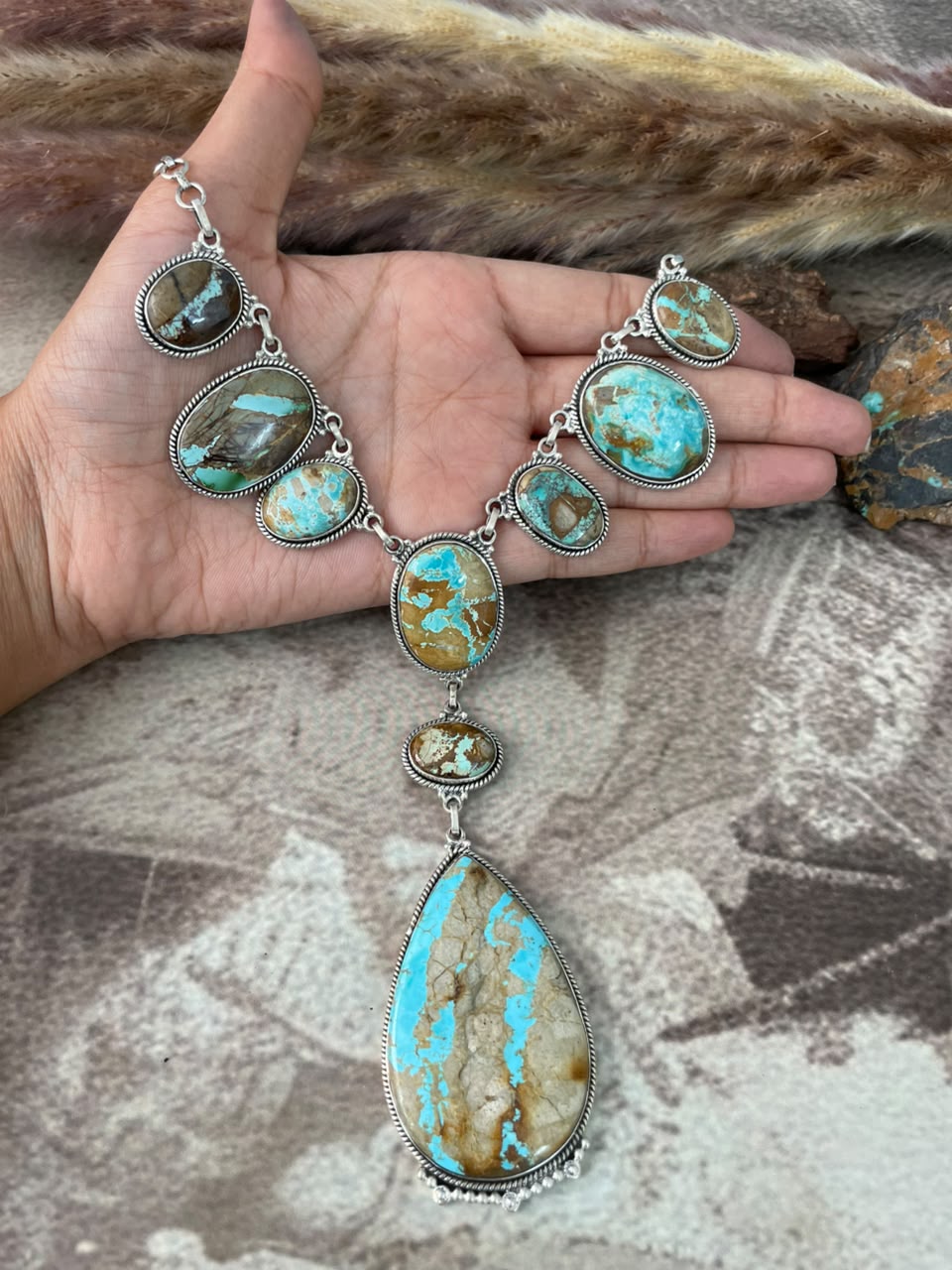 Handmade Sterling Silver Ribbon Royston Turquoise Drop Necklace Signed Nizhoni