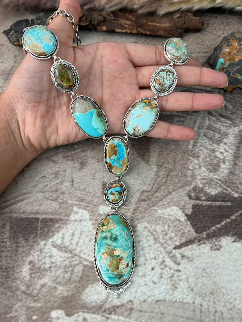 Handmade Sterling Silver Royston Turquoise Drop Necklace Signed Nizhoni