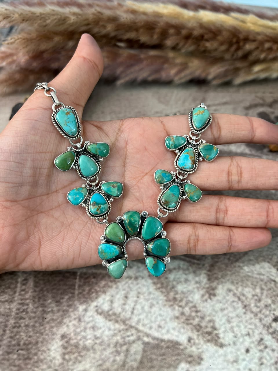 Handmade Sterling Silver Kingman Turquoise Naja Necklace Signed Nizhoni